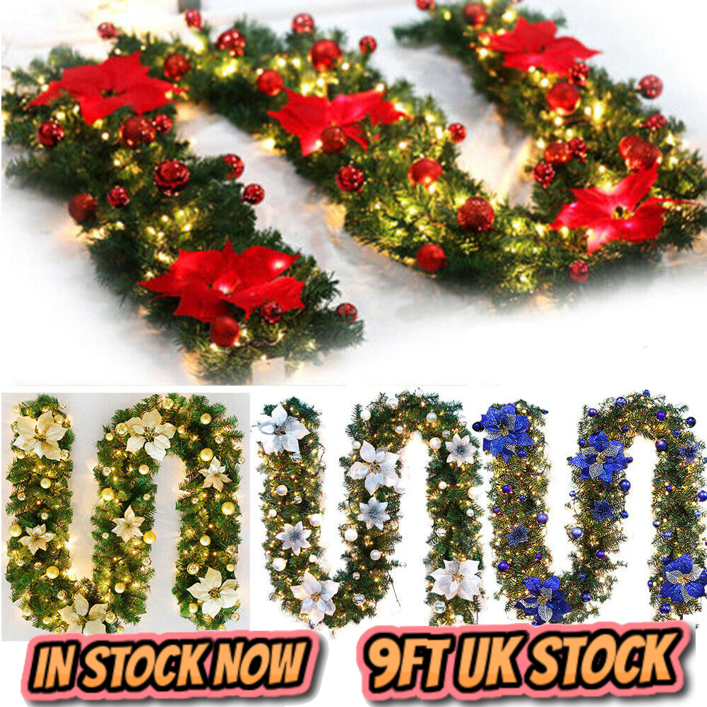 9FT Pre Lit Christmas Garland with Lights Door Wreath Xmas Fireplace Decor LED 9FT Pre Lit Christmas Garland with Lights Door Wreath Xmas Fireplace Decor LED